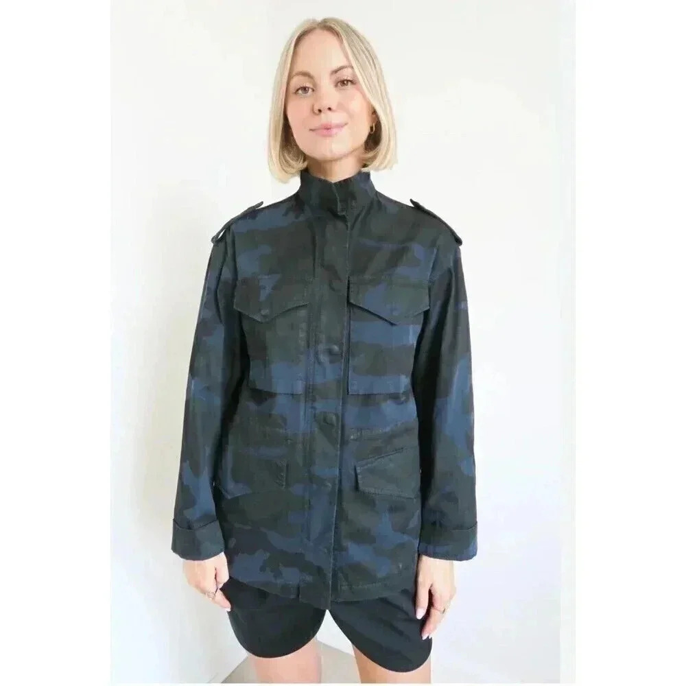 Nili Lotan Womens Jedd Jacket Coat Cotton Blue Camo Pointed Collar Size Medium